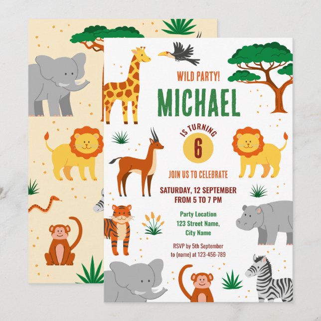 Happy wild animals birthday invitation (Front/Back)