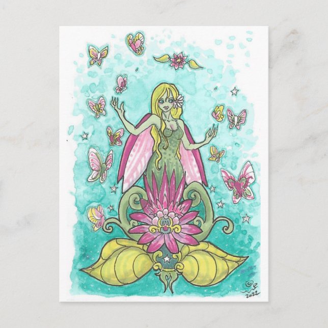 Happy Wings Fairy + Butterflies Fantasy Art Print Postcard (Front)