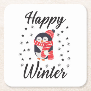 Happy Winter, Cute Penguin Square Paper Coaster
