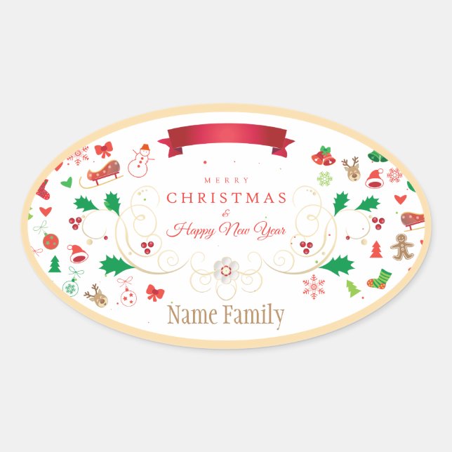 Happy Winter Holiday Christmas & New Year Oval Sticker (Front)