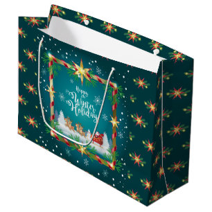 Happy Winter Holiday Snowy Fairy Tale with Santa Large Gift Bag