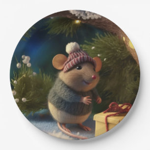 Happy Winter Mouse with a present Paper Plates
