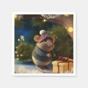 Happy Winter Mouse with a present Paper Plates Napkin