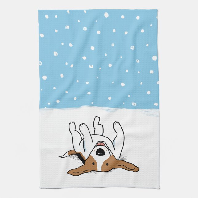 Happy Winter Snow Beagle - Cute Dog Cartoon Tea Towel (Vertical)