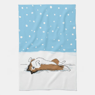 Happy Winter Snow Sheltie - Cute Dog Cartoon Tea Towel