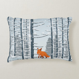 Happy Winter with Forest Landscape and fox animal Decorative Cushion