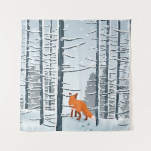 Happy Winter with Forest Landscape and fox animal Tapestry