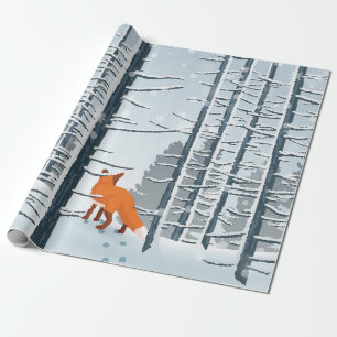 Happy Winter with Forest Landscape and fox animal Wrapping Paper