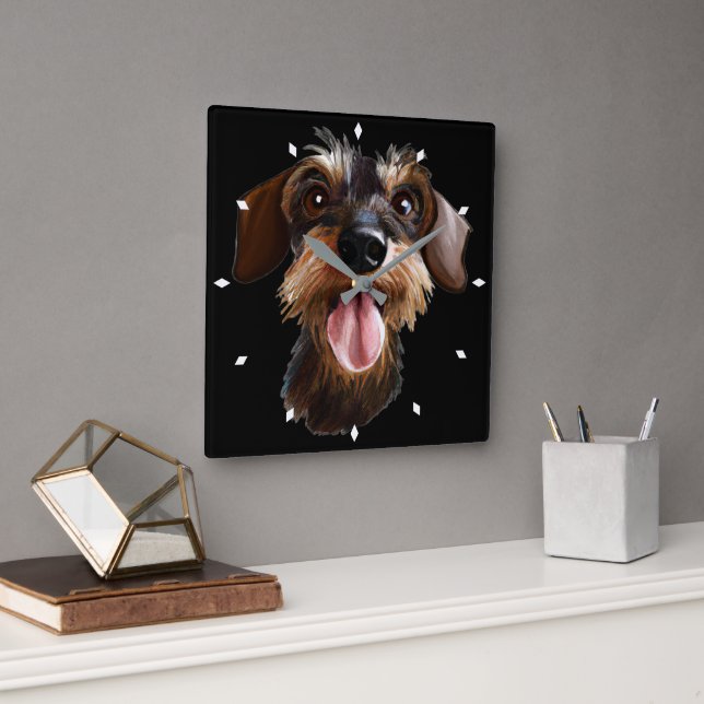Happy Wirehaired Dachshund Square Wall Clock (Office)