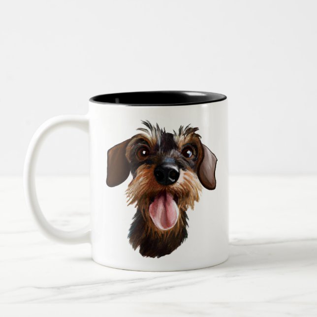 Happy Wirehaired Dachshund Two-Tone Coffee Mug (Left)