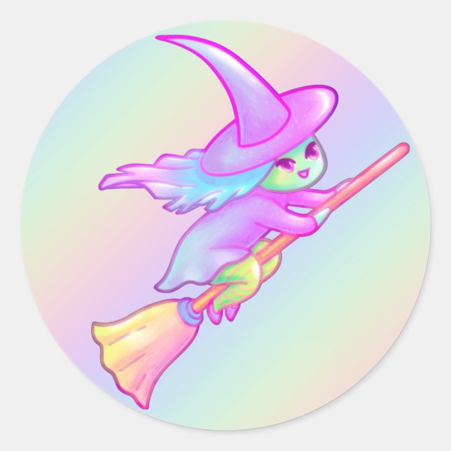 Happy Witch Flying On Broomstick Drawing Classic Round Sticker (Front)