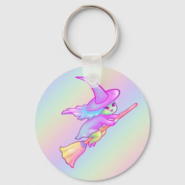 Happy Witch Flying On Broomstick Drawing Key Ring (Front)