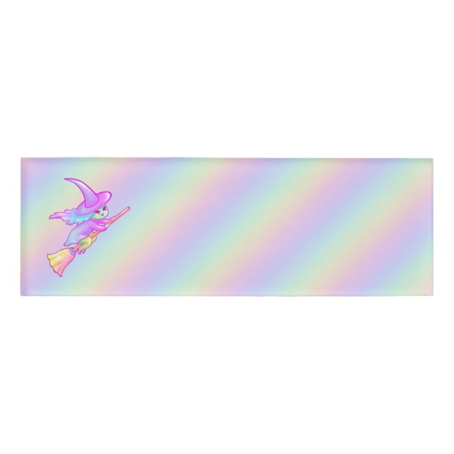 Happy Witch Flying On Broomstick Drawing Name Tag (Front)