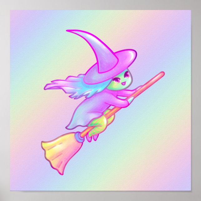 Happy Witch Flying On Broomstick Drawing Poster (Front)