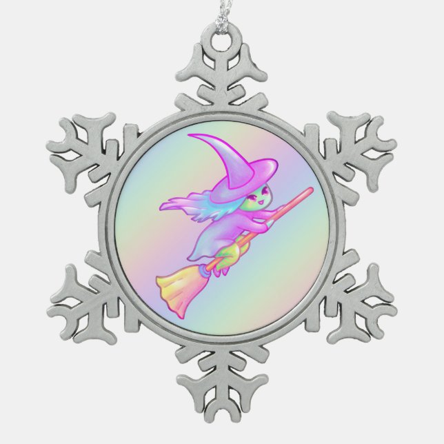 Happy Witch Flying On Broomstick Drawing Snowflake Pewter Christmas Ornament (Front)