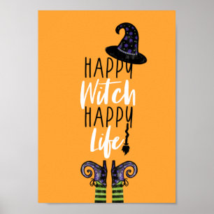 Happy Witch Happy Life Orange Halloween Witch Poster