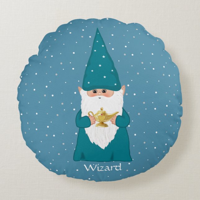 Happy Wizard Gnome & Magic Lamp on Sapphire Blue Round Cushion (Front)