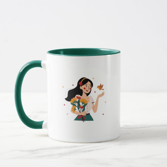 Happy Woman with Bird and Flowers Mug (Left)