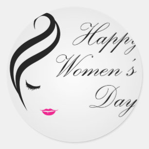 Happy womens day card with face of a lady classic round sticker