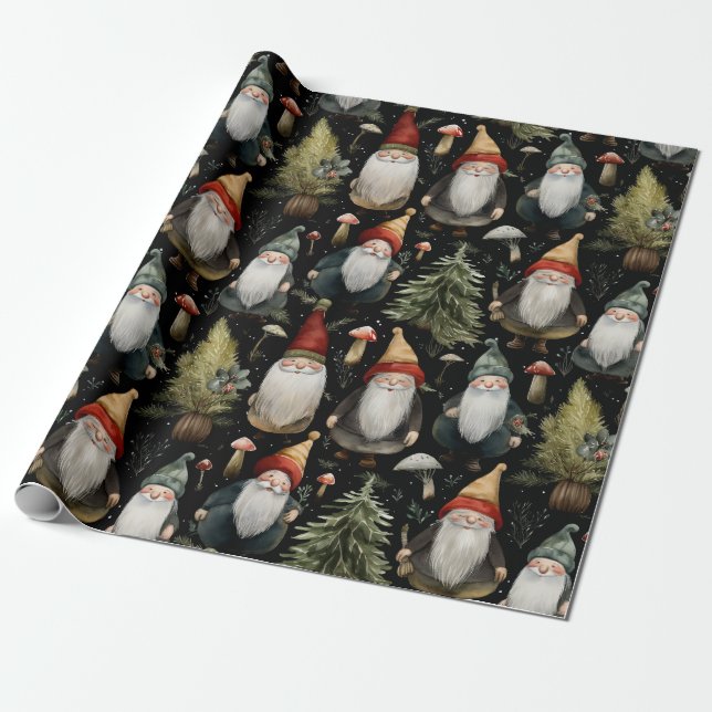 Happy Woodland Christmas Gnomes Wrapping Paper (Unrolled)