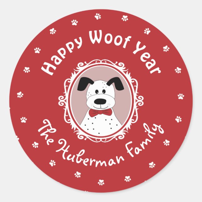 'Happy Woof Year' Dalmatian Christmas  Classic Round Sticker (Front)