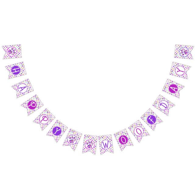 Happy Woofday Purple Pink Yellow Bl Paw Silhouette Bunting (All)