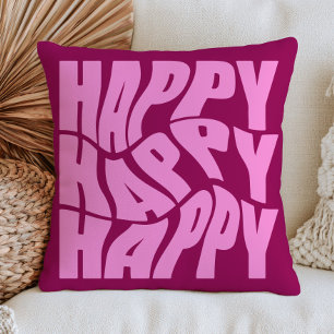 Happy Word in Groovy Fonts Cheerful Dopamine Cushion