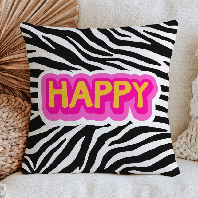 Happy Word on Zebra Print Pattern Bold Dopamine  Cushion (Creator Uploaded)