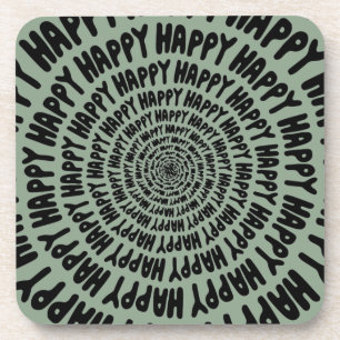 Happy words font spiral concentric circles green  coaster