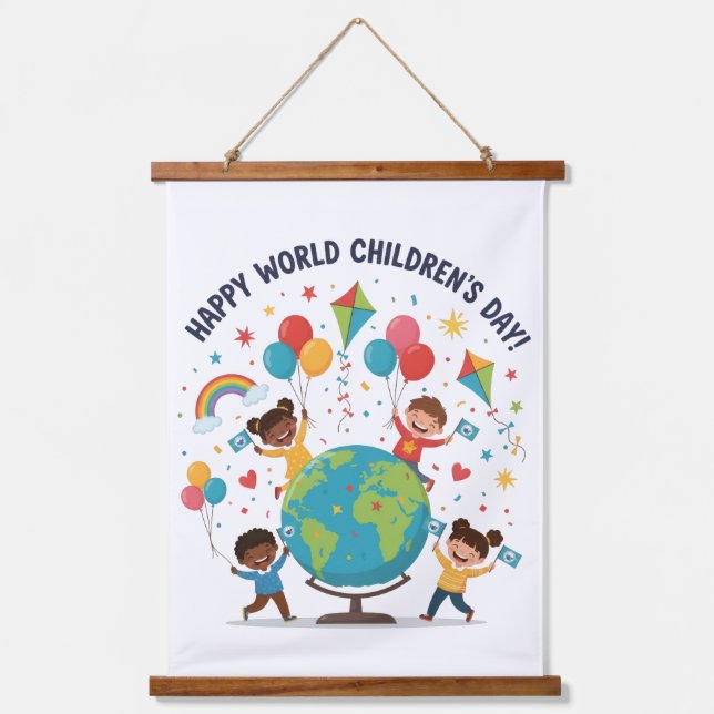 Happy World Children’s Day Wood Topped Wall Hanging Tapestry (Front)