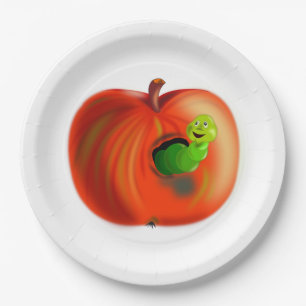 Happy Worm In Red Apple - Paper Plate