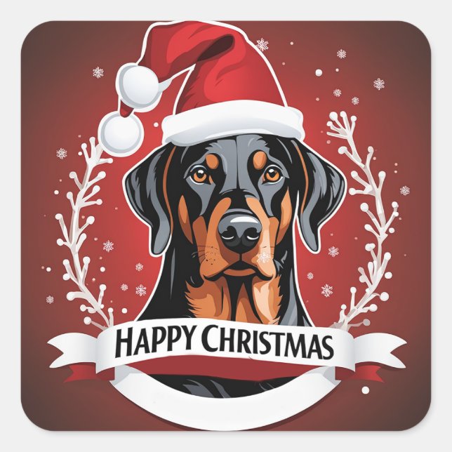 Happy Xmas Doberman Dog with Santa Hat Christmas Square Sticker (Front)
