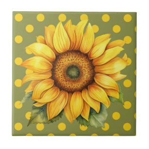 Happy Yellow and Green Sunflower on Polka-Dot Tile