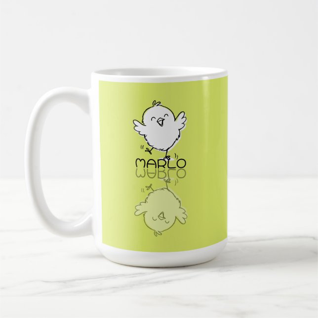 Happy Yellow Chick Reflection Doodle Custom Name Coffee Mug (Left)