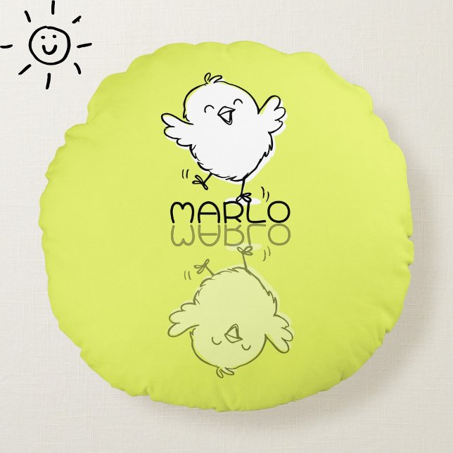 Happy Yellow Chick Reflection Doodle Custom Name Round Cushion (Creator Uploaded)