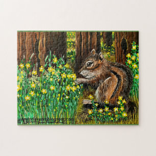 Happy Yellow Daisy Chipmunk Jigsaw Puzzle