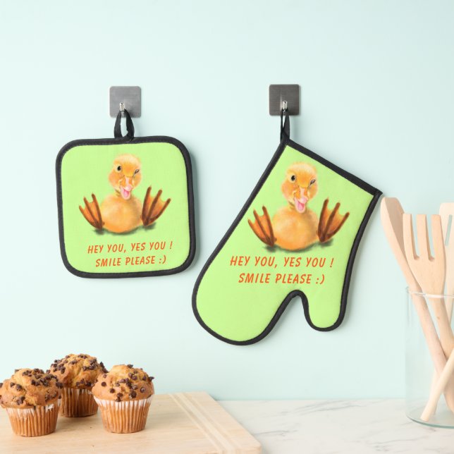 Happy Yellow Duck Custom Text Funny Oven Mitt & Pot Holder Set (Insitu(Hanging))