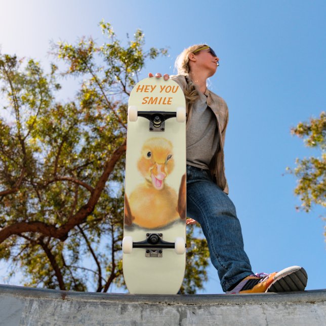 Happy Yellow Duck Skateboard - Smile - Your Text (Outdoor 1)