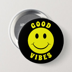Happy Yellow Face Good Vibes Black 7.5 Cm Round Badge