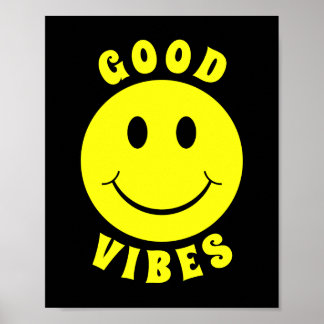 Happy Yellow Face Good Vibes Black Poster