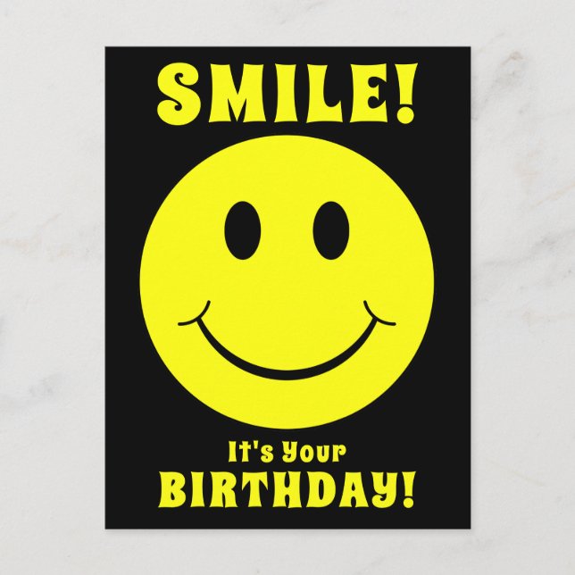 Happy Yellow Face Smile Its Your Birthday Black Postcard (Front)