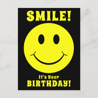 Happy Yellow Face Smile it's Your Birthday Black Postcard