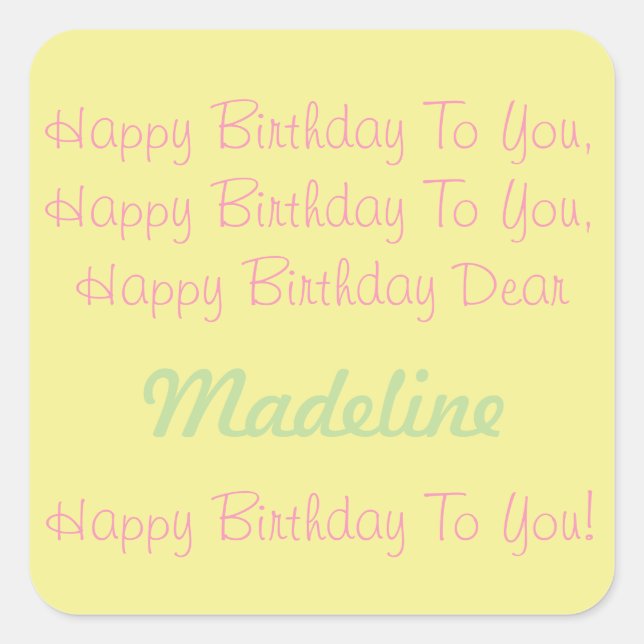 Happy Yellow Pink Mint Personalised Birthday Song Square Sticker (Front)