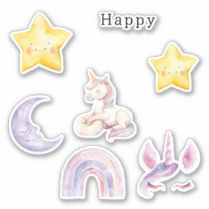 Happy Yellow Stars Unicorn Purple Moon Rainbow