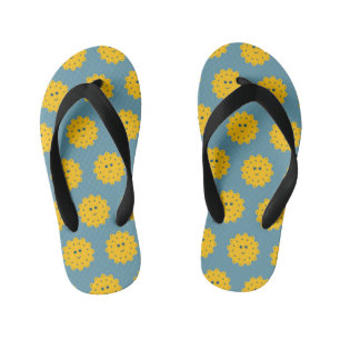 Happy Yellow Sun Pattern on Blue Kid's Flip Flops