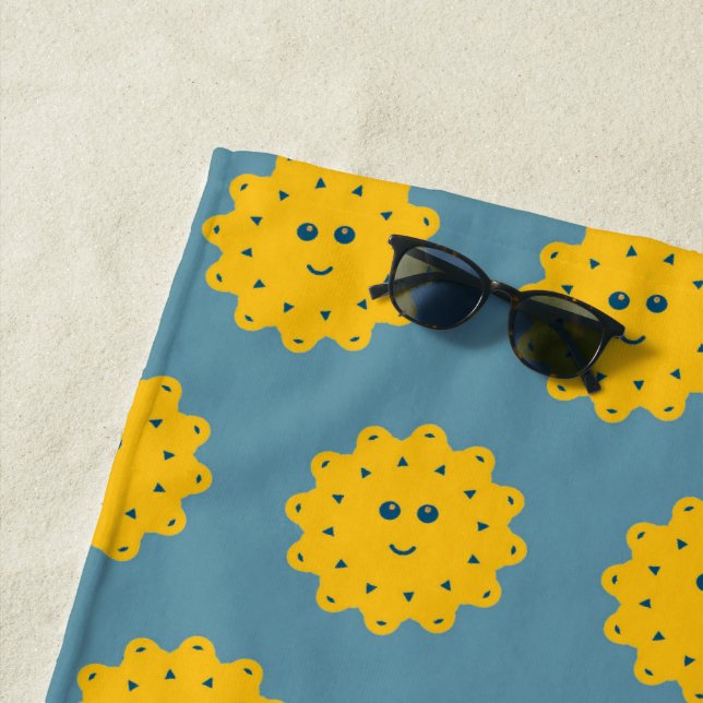 Happy Yellow Sun Pattern on Blue Personalised Beach Towel (In Situ)