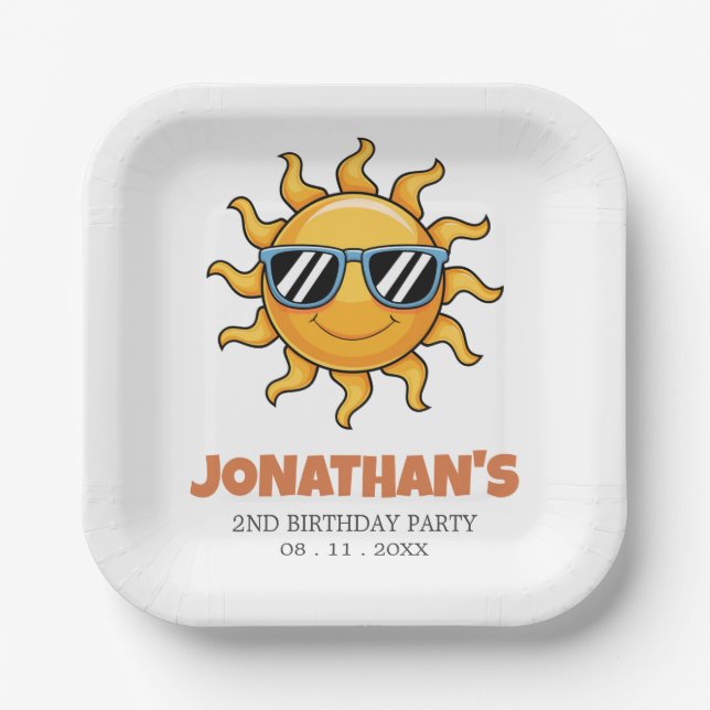 Happy Yellow Sun with Sunglasses Birthday Party    Paper Plate (Front)
