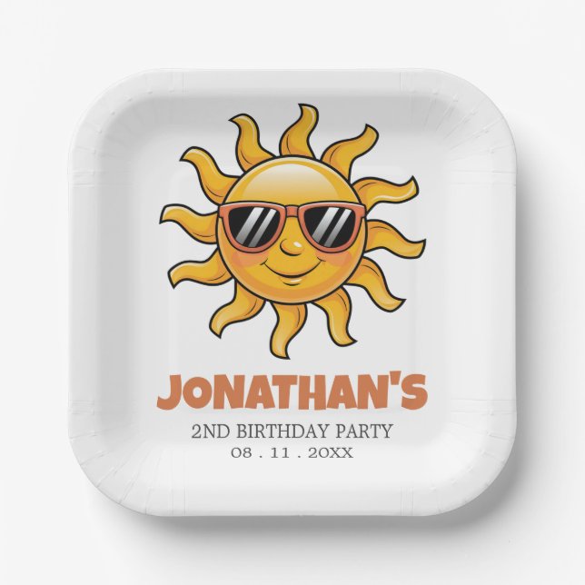 Happy Yellow Sun with Sunglasses Birthday Party    Paper Plate (Front)