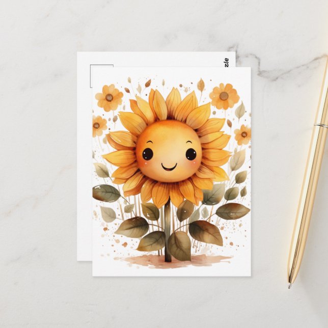 Happy Yellow Sunflower Postcard (Front/Back In Situ)