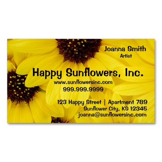 Happy Yellow Sunflowers Magnetic Business Card (Front)